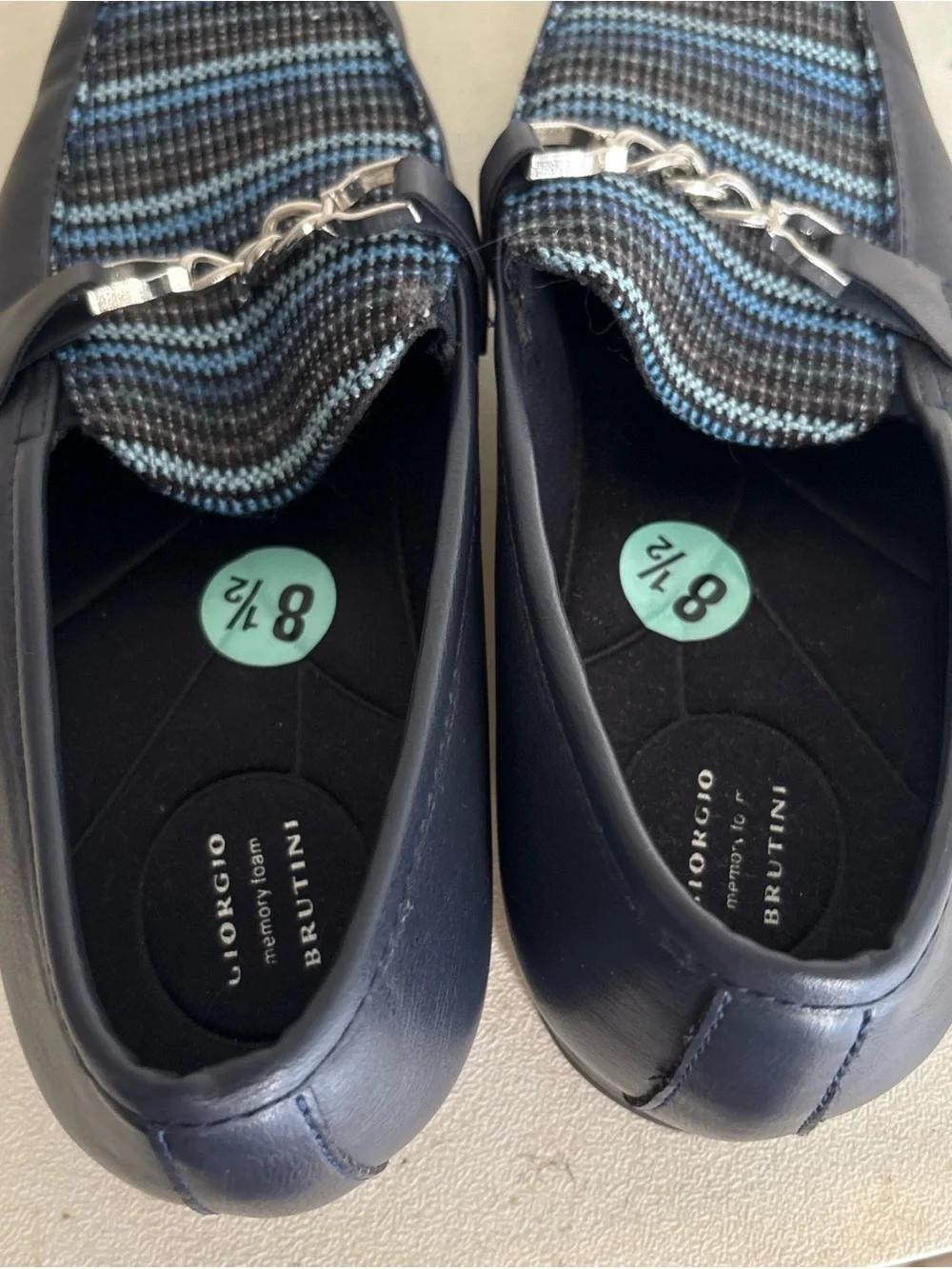 Giorgio Brutini Navy Leather Loafers with Blue-Striped Fabric Vamp
